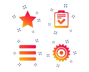 Star favorite and menu list icons. Checklist and cogwheel gear sign symbols. Random dynamic shapes. Gradient favorite icon. Vector