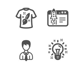 Set of Start business, T-shirt design and Businessman icons. Idea sign. Launch idea, Painting, User data. Creativity.  Classic design start business icon. Flat design. Vector