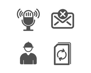 Set of Reject mail, Microphone and Engineer icons. Update document sign. Delete letter, Mic, Worker profile. Refresh file.  Classic design reject mail icon. Flat design. Vector