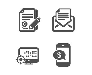 Set of Copywriting, Seo and Mail correspondence icons. Phone payment sign. Ð¡opyright signature, Search engine, E-mail newsletter. Mobile pay.  Classic design copywriting icon. Flat design. Vector