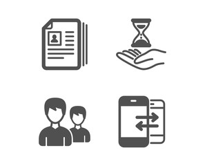 Set of Time hourglass, Cv documents and Couple icons. Phone communication sign. Sand watch, Portfolio files, Two male users. Incoming and outgoing calls.  Classic design time hourglass icon. Vector