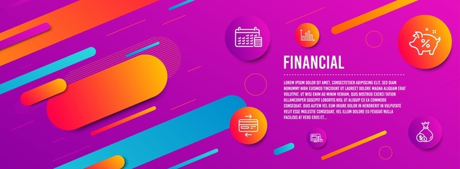 Header banner. Calendar, Online payment and Credit card icons simple set. Diagram graph, Loan percent and Cash signs. Calculator device, Money. Finance set. Line calendar icon. Gradient elements