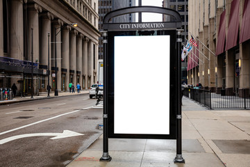 Blank billboard at bus stop for advertising, Chicago city buildings and street background