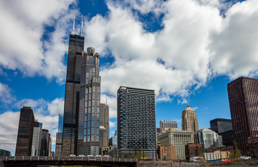 Fototapeta na wymiar Chicago Illinois city skyscrapers, blue sky background
