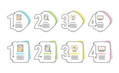 Calculator, Discount and Analytics graph icons simple set. Cash money sign. Accounting device, Sale shopping, Chart report. Banking currency. Finance set. Infographic timeline. Line calculator icon