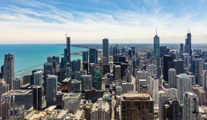 Chicago city skyscrapers aerial view, blue sky background. Skydeck observation