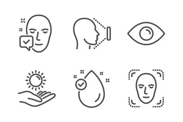 Eye, Face id and Sun protection icons simple set. Vitamin e, Face accepted signs. View or vision, Identification system. Medical set. Line eye icon. Editable stroke. Vector