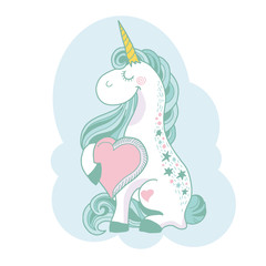 funny and hapy colored cartoon style unicorn with heart