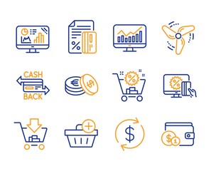 Savings, Add purchase and Credit card icons simple set. Analytics graph, Usd exchange and Shopping cart signs. Online shopping, Statistics and Cashback card symbols. Line savings icon. Colorful set