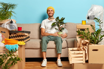 Satisfied guy poses in empty room on sofa, holds houseplant wrapped in polythene, being happy home...