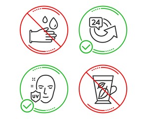 Do or Stop. 24 hours, Uv protection and Rubber gloves icons simple set. Mint leaves sign. Repeat, Ultraviolet, Hygiene equipment. Mentha leaf. Medical set. Line 24 hours do icon. Prohibited ban stop