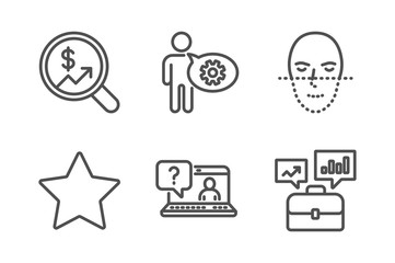 Currency audit, Star and Faq icons simple set. Cogwheel, Face recognition and Business portfolio signs. Money chart, Best rank. Science set. Line currency audit icon. Editable stroke. Vector