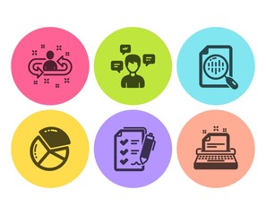 Survey checklist, Conversation messages and Pie chart icons simple set. Analytics chart, Recruitment and Typewriter signs. Report, Communication. Education set. Flat survey checklist icon. Vector