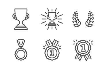Award cup, Approved and Medal icons simple set. Laurel wreath, Trophy and Reward signs. Trophy, Winner badge. Sports set. Line award cup icon. Editable stroke. Vector