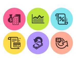 Accounting wealth, Cashback and Payment card icons simple set. Money diagram, Loan percent and 24 hours signs. Audit report, Financial transfer. Finance set. Flat accounting wealth icon. Circle button