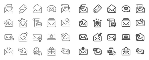Mail message line icons. Newsletter, Email document, Correspondence icons. Received mail, Secure message and Web letter. Post office newsletter, Send email document, private communication. Vector