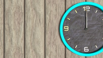 3d illustration of round shape clock on the wooden wall with copy space.