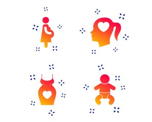 Maternity icons. Baby infant, pregnancy and dress signs. Head with heart symbol. Random dynamic shapes. Gradient maternity icon. Vector
