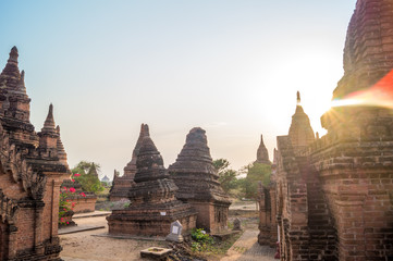 buddhist temples in bagan myanmar with sunlight