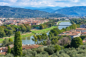 Fototapeta na wymiar Arno River Bridges Countryside Florence Tuscany Italy