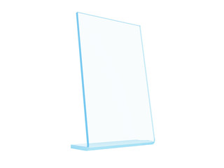 Transparent acrylic or plastic table stand display on white background. 3d rendering