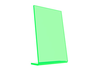Green acrylic or plastic table stand display on white background. 3d rendering