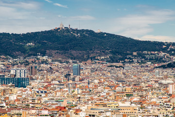Barcelona, Spain - April, 2019: Panorama on Barcelona city from Montjuic castle. Catalonia. Spain.