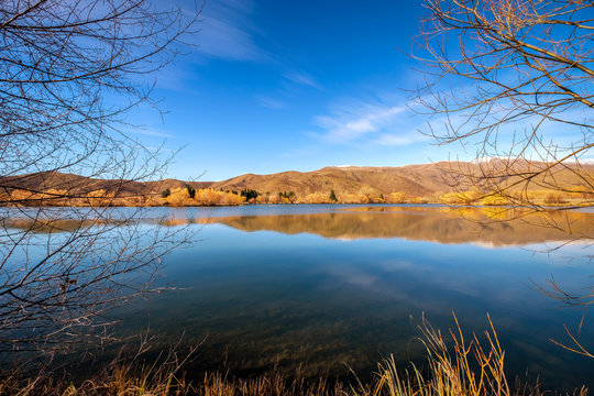 Autumn landscape in New Zealand. Calm peaceful nature scene of autumn season in New Zealand