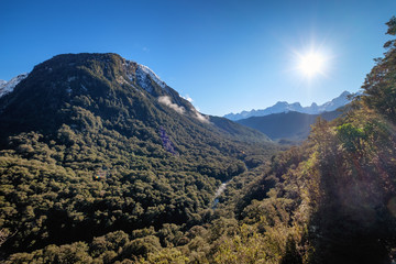 Nature landscape image of sunshine and mountain valley in Te Anau, New Zealand. Motivational scenery image with copy space of south island, New Zealand.