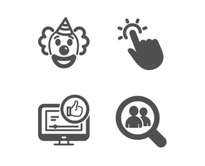 Set of Clown, Like video and Touchpoint icons. Search employees sign. Funny performance, Thumbs up, Touch technology. Staff analysis.  Classic design clown icon. Flat design. Vector