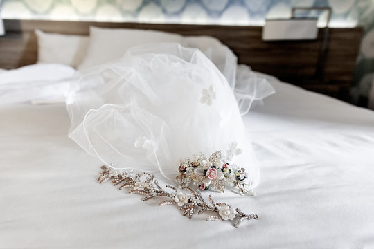 Closeup of white bridal veil on a wedding day