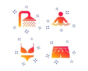 Swimming pool icons. Shower water drops and swimwear symbols. Human stands in sea waves sign. Trunks and women underwear. Random dynamic shapes. Gradient shower icon. Vector
