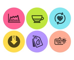 Bio tags, Download arrow and Bombon coffee icons simple set. Update relationships, Trade chart and Education idea signs. Leaf, Crisis. Flat bio tags icon. Circle button. Vector