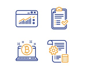 Bitcoin, Approved checklist and Web traffic icons simple set. Settings blueprint sign. Cryptocurrency laptop, Accepted message, Website window. Report document. Technology set. Linear bitcoin icon