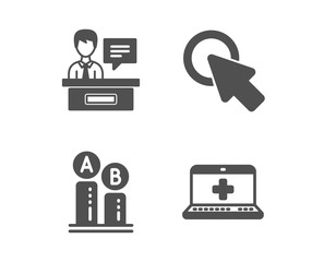Set of Click here, Ab testing and Exhibitors icons. Medical help sign. Push button, Test chart, Information desk. Medicine laptop.  Classic design click here icon. Flat design. Vector