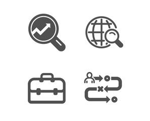 Set of Portfolio, Analytics and Internet search icons. Journey path sign. Business case, Audit analysis, Web finder. Project process.  Classic design portfolio icon. Flat design. Vector