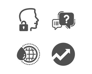 Set of World water, Unlock system and Question mark icons. Audit sign. Aqua drop, Access granted, Quiz chat. Arrow graph.  Classic design world water icon. Flat design. Vector