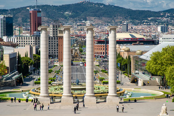 Fototapeta na wymiar BARCELONA, SPAIN - April, 2019: The Four Columns, created by Josep Puig i Cadafalch, is on the place in front of Museu Nacional d'Art de Catalunya, Barcelona, Spain.