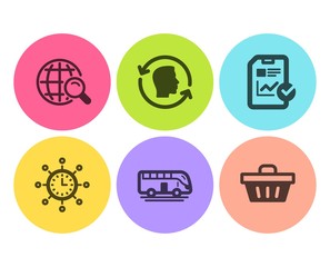 Internet search, Bus tour and Face id icons simple set. World time, Report checklist and Shopping basket signs. Web finder, Transport. Flat internet search icon. Circle button. Vector