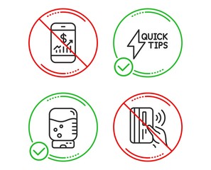 Do or Stop. Mobile finance, Water cooler and Quickstart guide icons simple set. Contactless payment sign. Phone accounting, Office drink, Lightning symbol. Bank money. Technology set. Vector