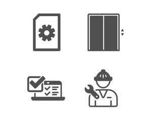 Set of Online survey, File management and Lift icons. Repairman sign. Quiz test, Doc with cogwheel, Elevator. Repair service.  Classic design online survey icon. Flat design. Vector