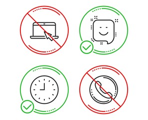 Do or Stop. Portable computer, Smile and Clock icons simple set. Call center sign. Notebook device, Positive feedback, Time or watch. Phone support. Technology set. Line portable computer do icon