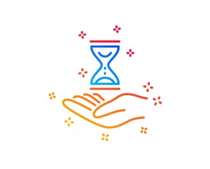 Time hourglass in hand line icon. Sand watch sign. Gradient design elements. Linear time hourglass icon. Random shapes. Vector