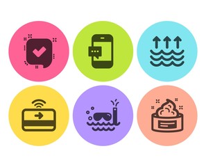 Confirmed, Evaporation and Scuba diving icons simple set. Smartphone message, Contactless payment and Skin cream signs. Accepted message, Global warming. Flat confirmed icon. Circle button. Vector