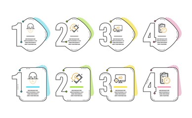 Face recognition, Cashback and Seo adblock icons simple set. Exam time sign. Faces biometrics, Receive money, Search engine. Checklist. Technology set. Infographic timeline. Line face recognition icon
