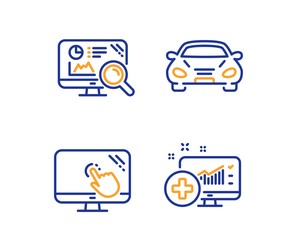 Touch screen, Seo analytics and Car icons simple set. Medical analytics sign. Web support, Statistics, Transport. Medicine system. Technology set. Linear touch screen icon. Colorful design set. Vector