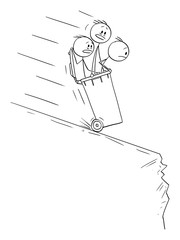 Vector cartoon stick figure drawing conceptual illustration of men or businessmen riding inside of wheelie bin down the hill to the chasm or abyss.