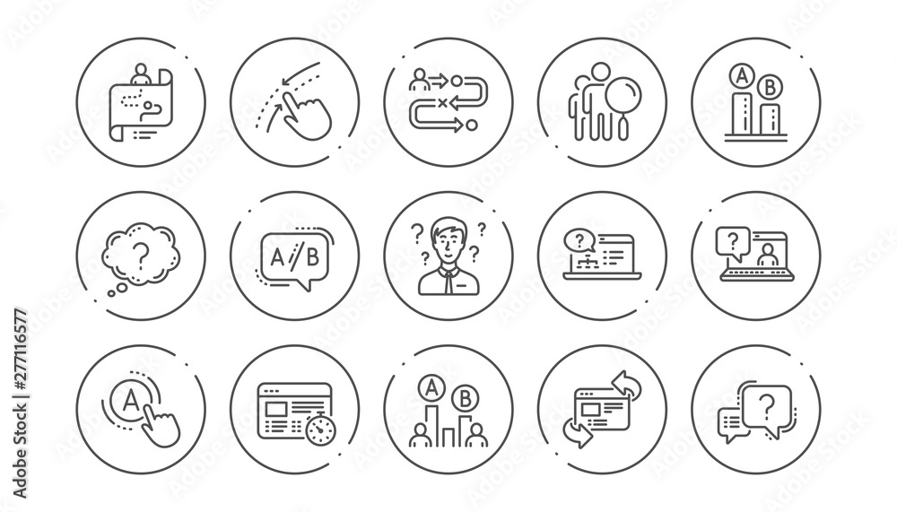 Poster ux line icons. ab testing, journey path map and question mark. quiz test linear icon set. line butto