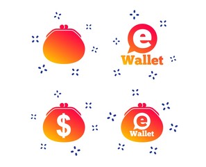 Electronic wallet icons. Dollar cash bag sign. eWallet symbol. Random dynamic shapes. Gradient wallet icon. Vector