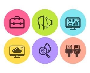 Analytics graph, Portfolio and Water analysis icons simple set. Face id, Cloud storage and Computer cables signs. Growth report, Business case. Science set. Flat analytics graph icon. Circle button